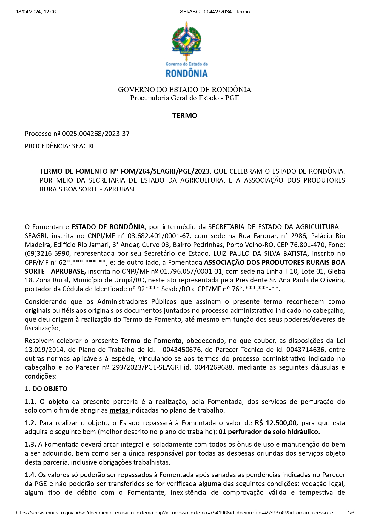 TERMO DE FOMENTO Nº FOM/264/SEAGRI/PGE/2023,