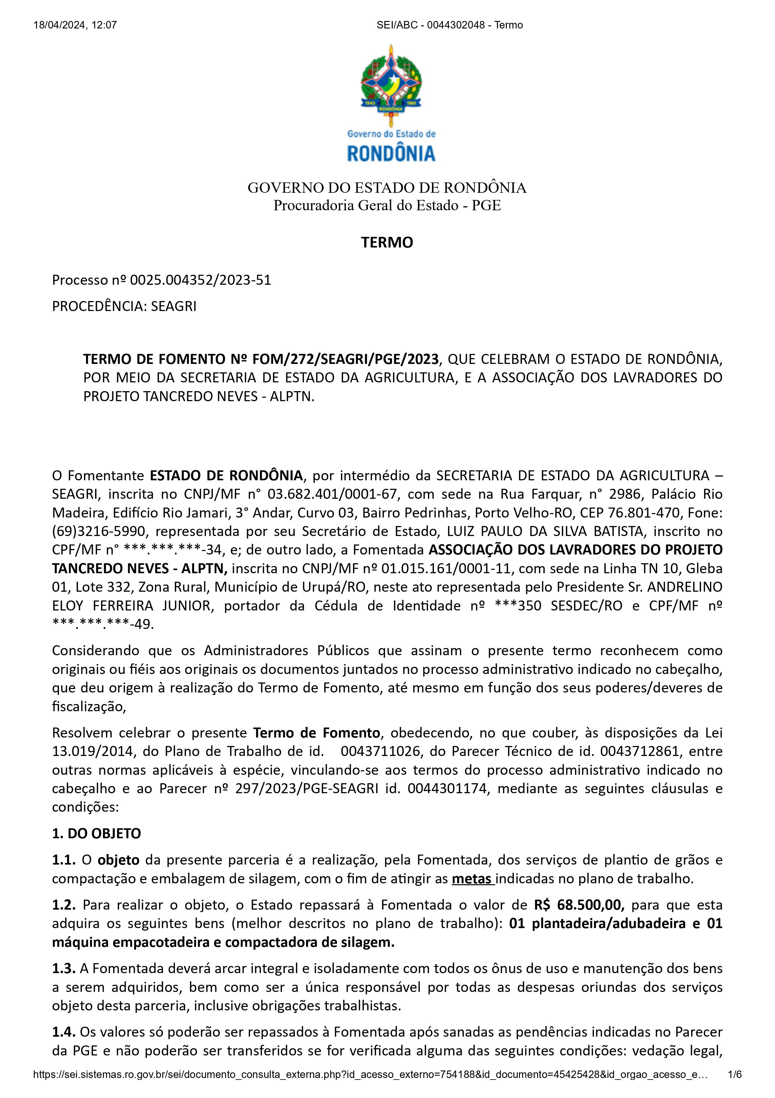 TERMO DE FOMENTO Nº FOM/272/SEAGRI/PGE/2023