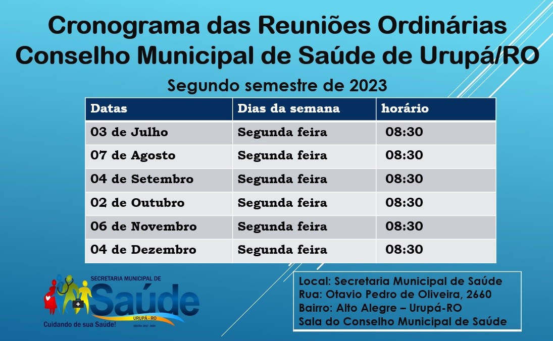 Cronograma das Reuniões Ordinárias do Conselho Municipal de Saúde
