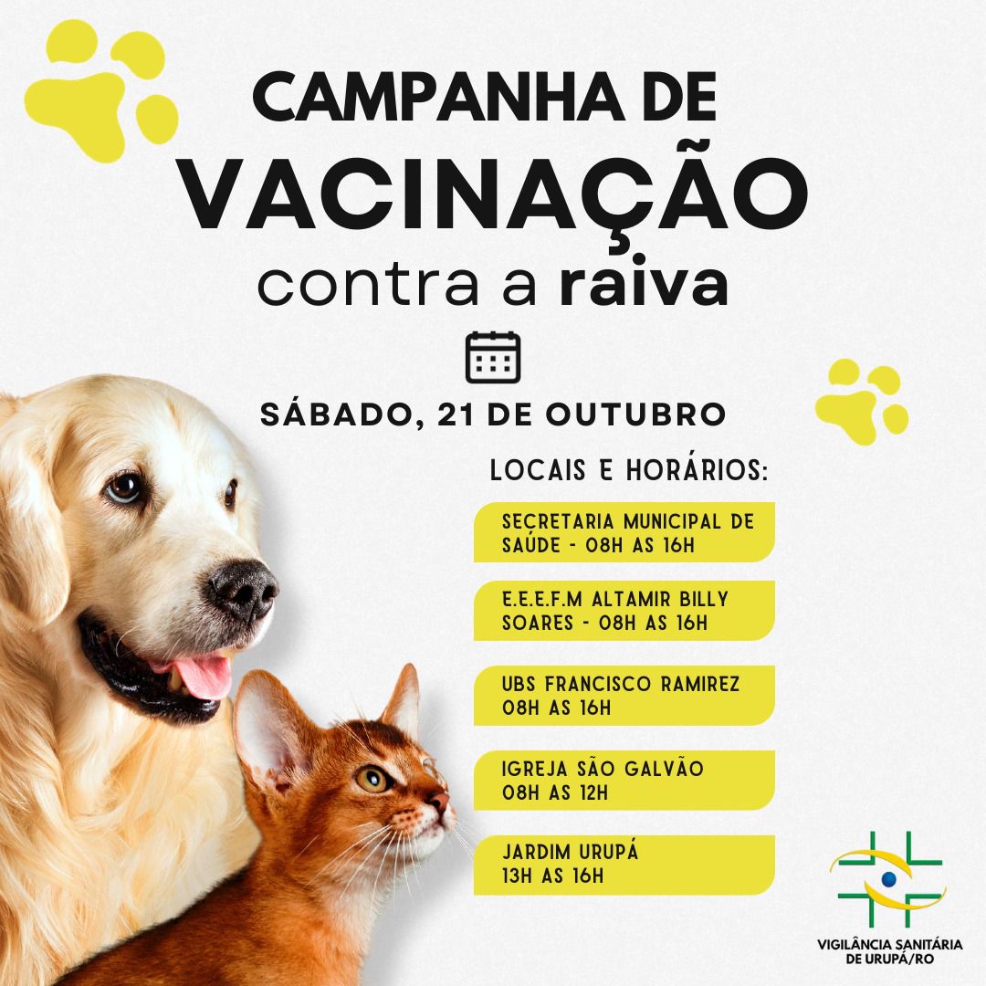 Vacinação Antirrábica para cães e Gatos neste sábado, 21 de Outubro.